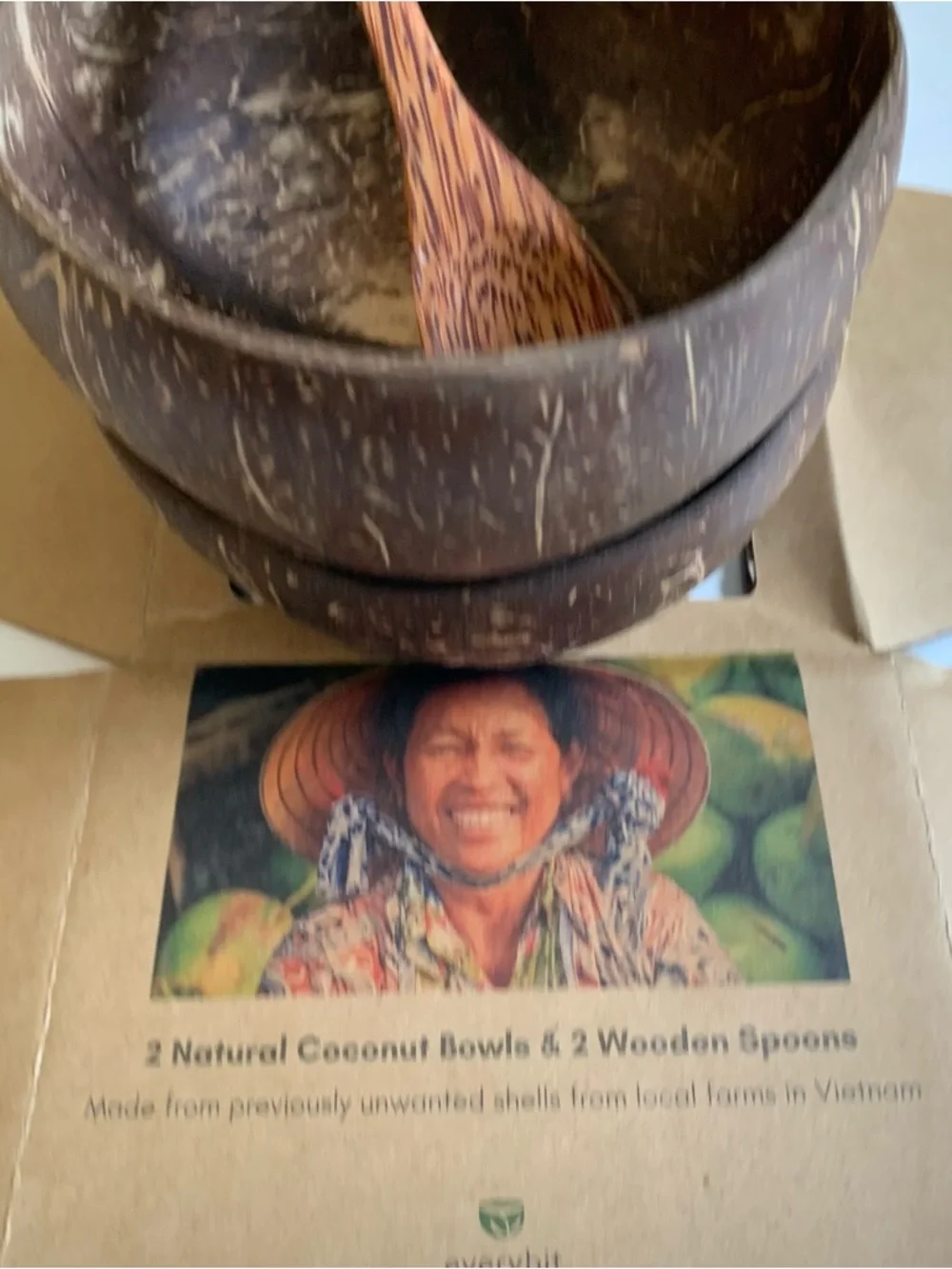 Everybit Handcrafted Coconut Bowls with Wooden Spoons - Natural Brown